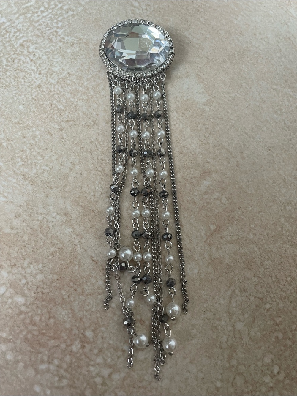 Vintage Silver Crystal Fringe Dangle Brooch Pearl Chain Epaulet Statement Pin